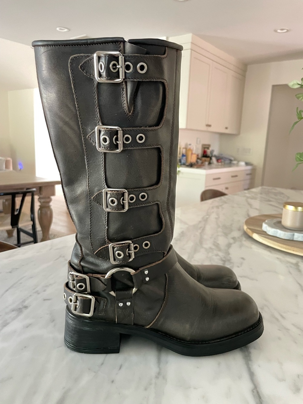 Steve Madden Rocky Knee High Biker Boots Distressed Moto Size 9 - Picture 5 of 11